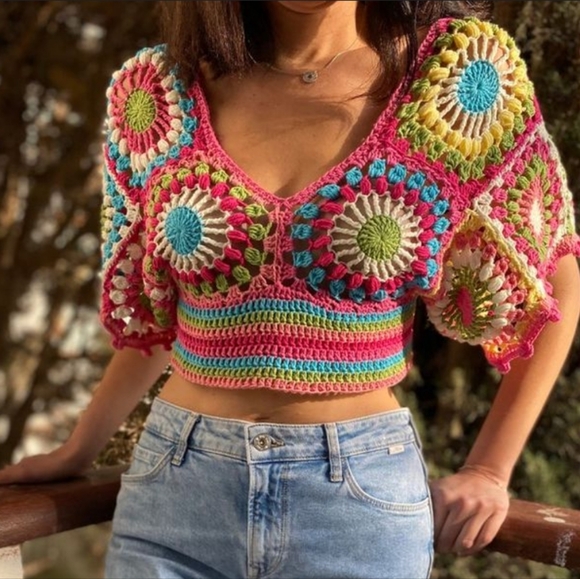 Sea New York Sweaters - SEA New York |  Pink Multi Granny Square Crochet Top